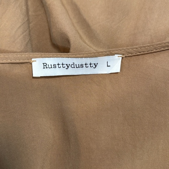 Rusttydustty Women’s Large Boho V Neck Crochet Ruffle Sleeve Tan Brown Blouse - Picture 6 of 7